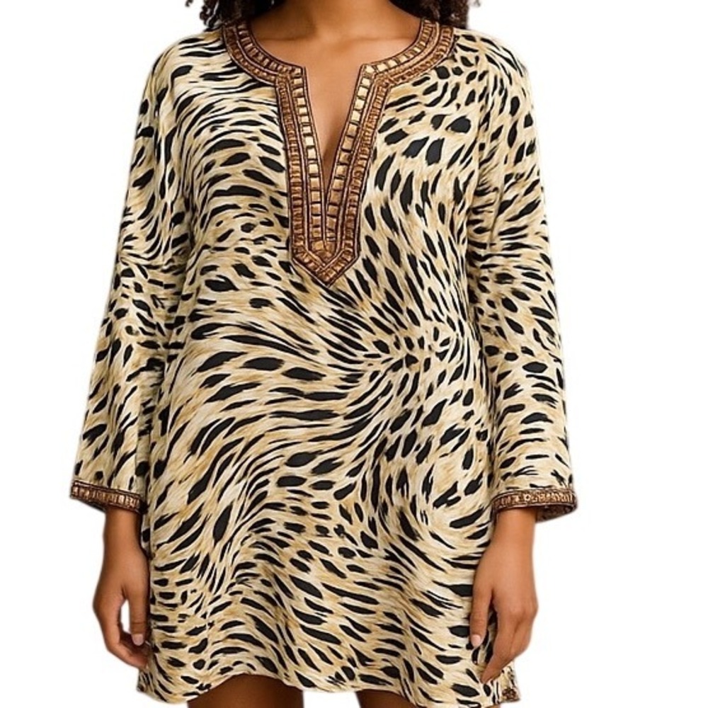 Carole Little Linen Blend Animal Print Tunic Plus Size 2X Sequin Side Slit‎ Boho